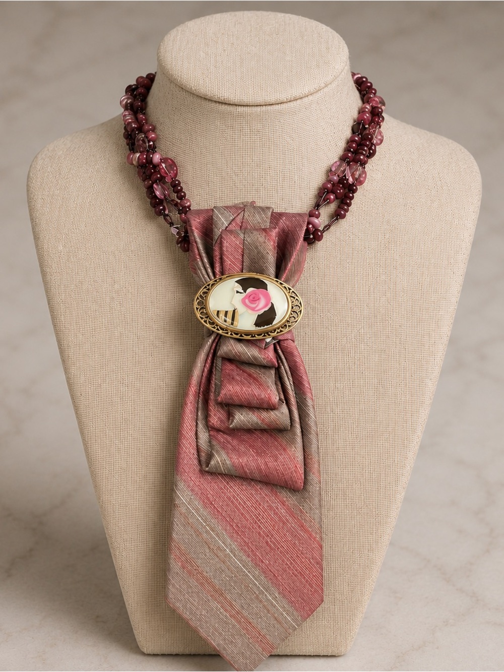 Necktie Necklace | Pink Stripe Tie & Cameo Brooch | Crafted by Neck Nouveau